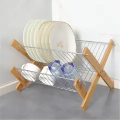 GENERICO - Escurridor Secaplatos 2 Niveles Plegable Para Utensilios Metal Bambú