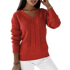 TIOZONEY - Chaleco de Punto Cuello en V Mujer- Naranjo