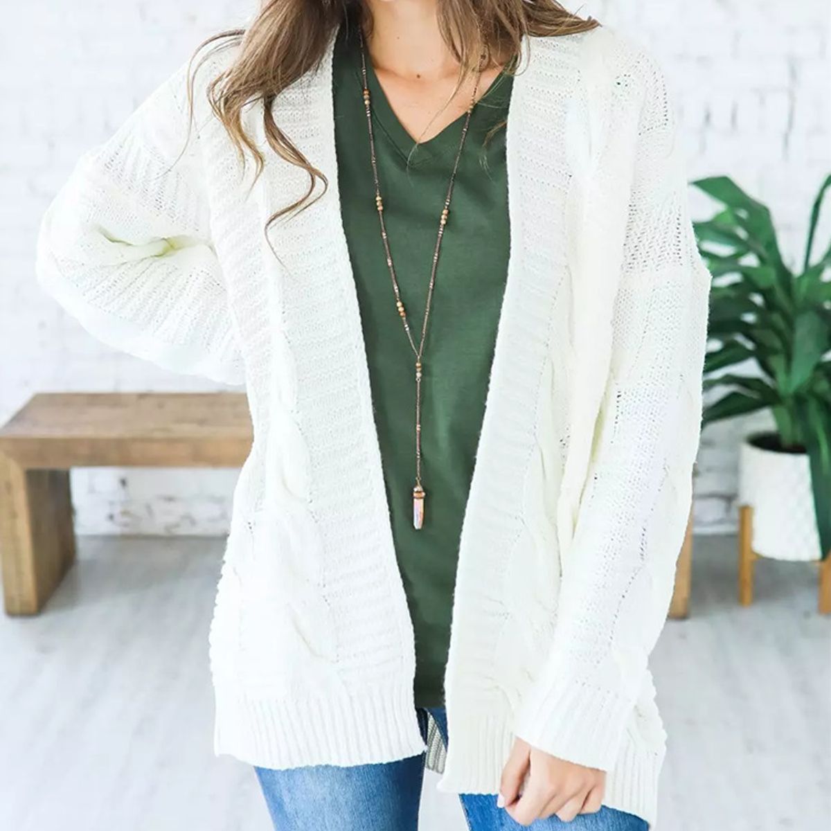 TIOZONEY - Sweater abierto para Mujer- Blanco grisáceo