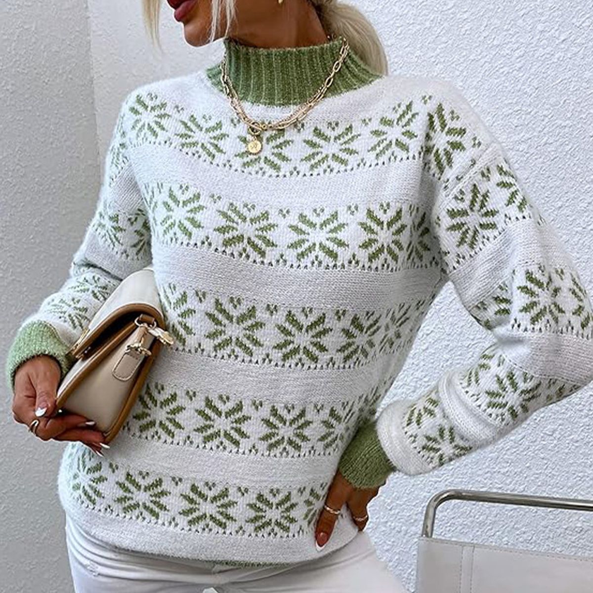 TIOZONEY - Sweater Cuello Alto con diseño para mujer - Verde