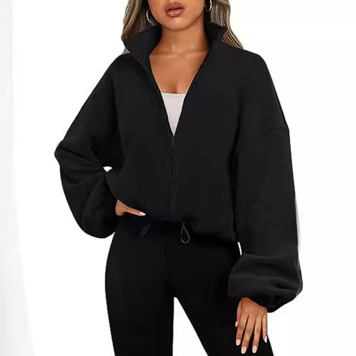 TIOZONEY - Sudadera acolchada con cremallera y cuello alto para mujer