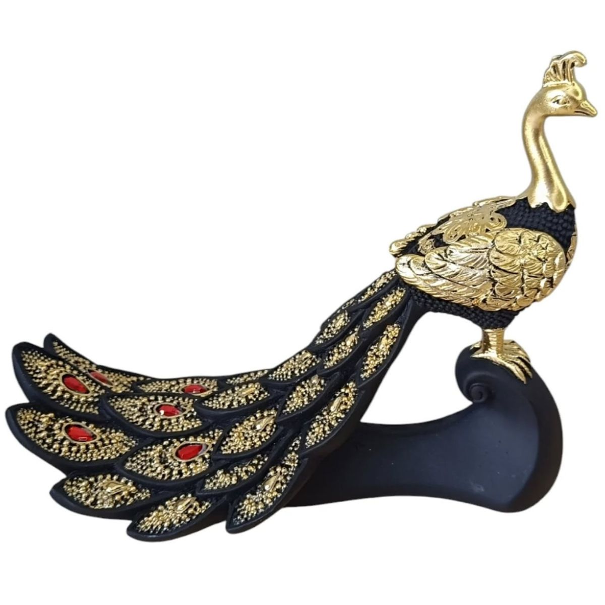 GENERICO - Pavo Real Negro Dorado con Cristales Rojos Resina