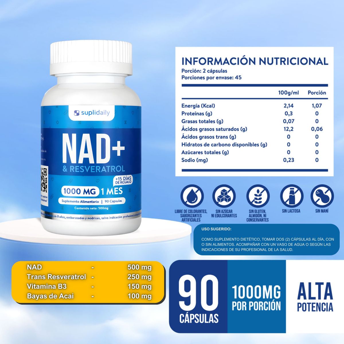 SUPLIDAILY - pack x 2 NAD + Resveratrol Suplemento 1000 Mg 90 Capsulas Premium