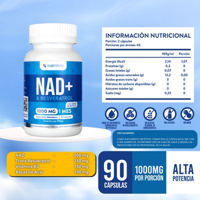 Imagen 2 del producto Pack x 2 NAD + Resveratrol Suplemento 1000 Mg 90 Capsulas Premium
