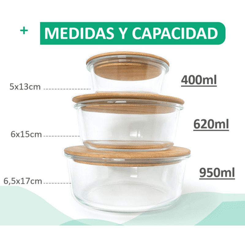 GENERICO - Set 3 Contenedores Tupper de Vidrio Hermetico Tapa Bambu Jarkons