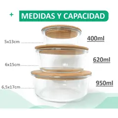 GENERICO - Set 3 Contenedores Tupper de Vidrio Hermetico Tapa Bambu Jarkons