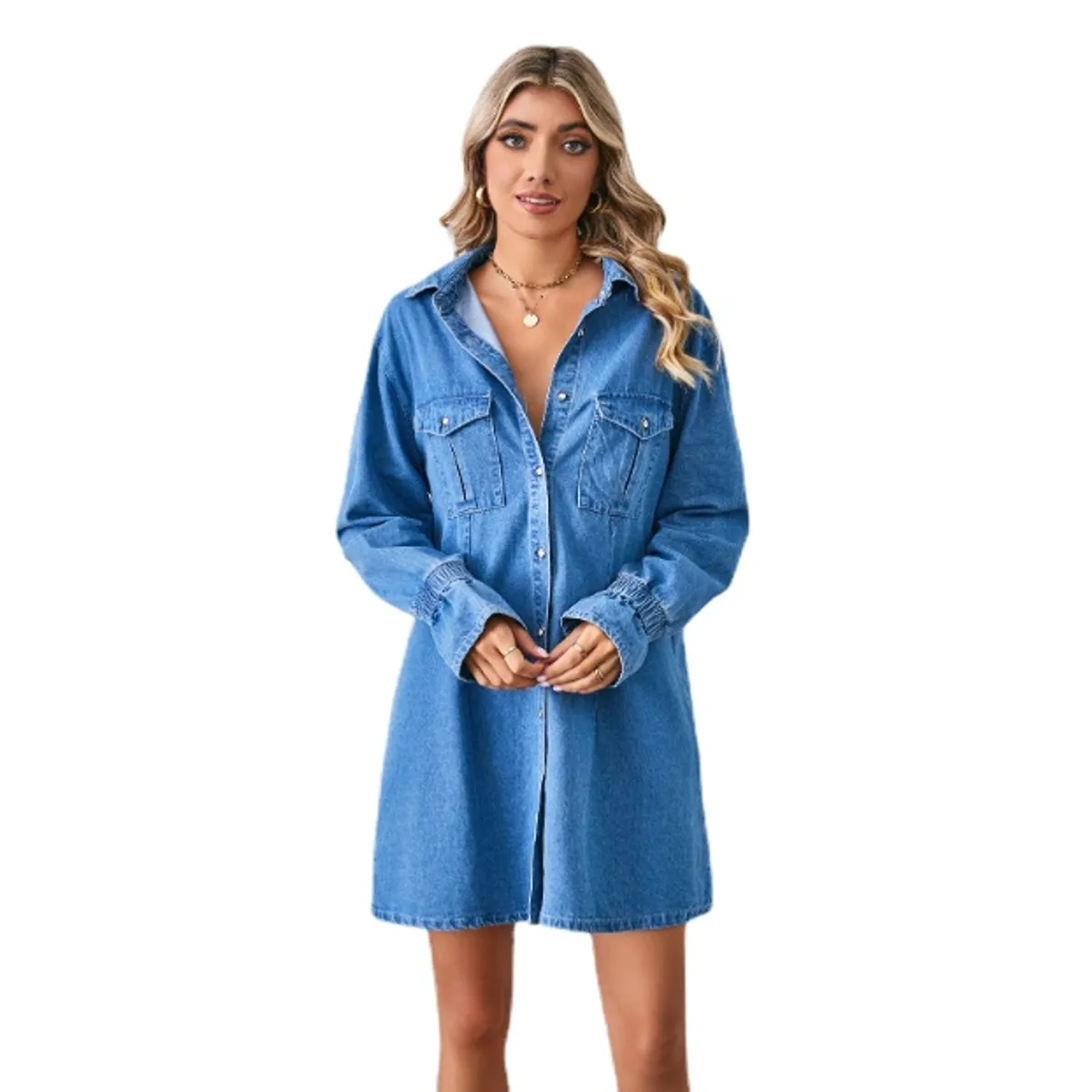 TIOZONEY - Vestido mezclilla con botones manga Larga Mujer