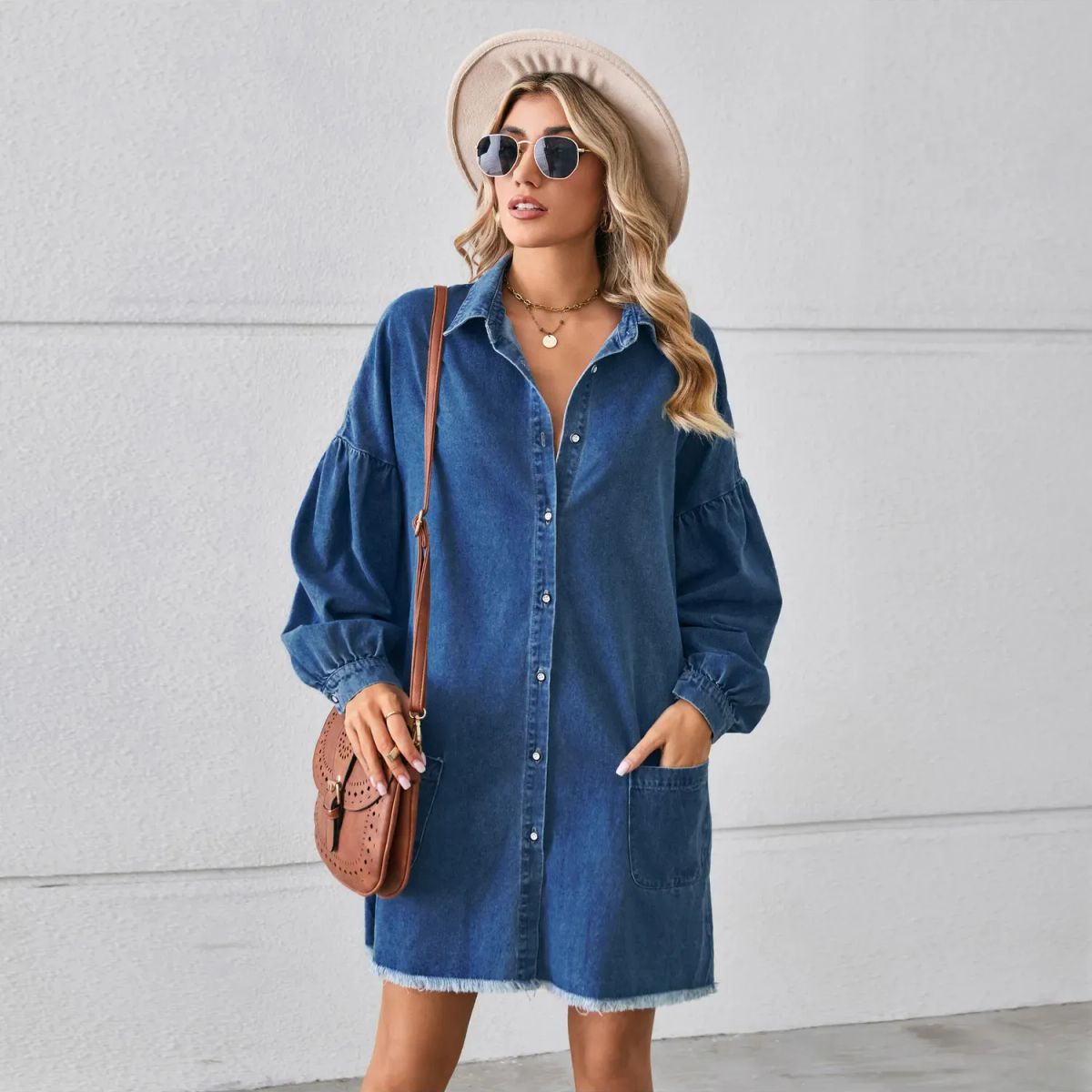 TIOZONEY - Vestido mezclilla de manga larga Mujer