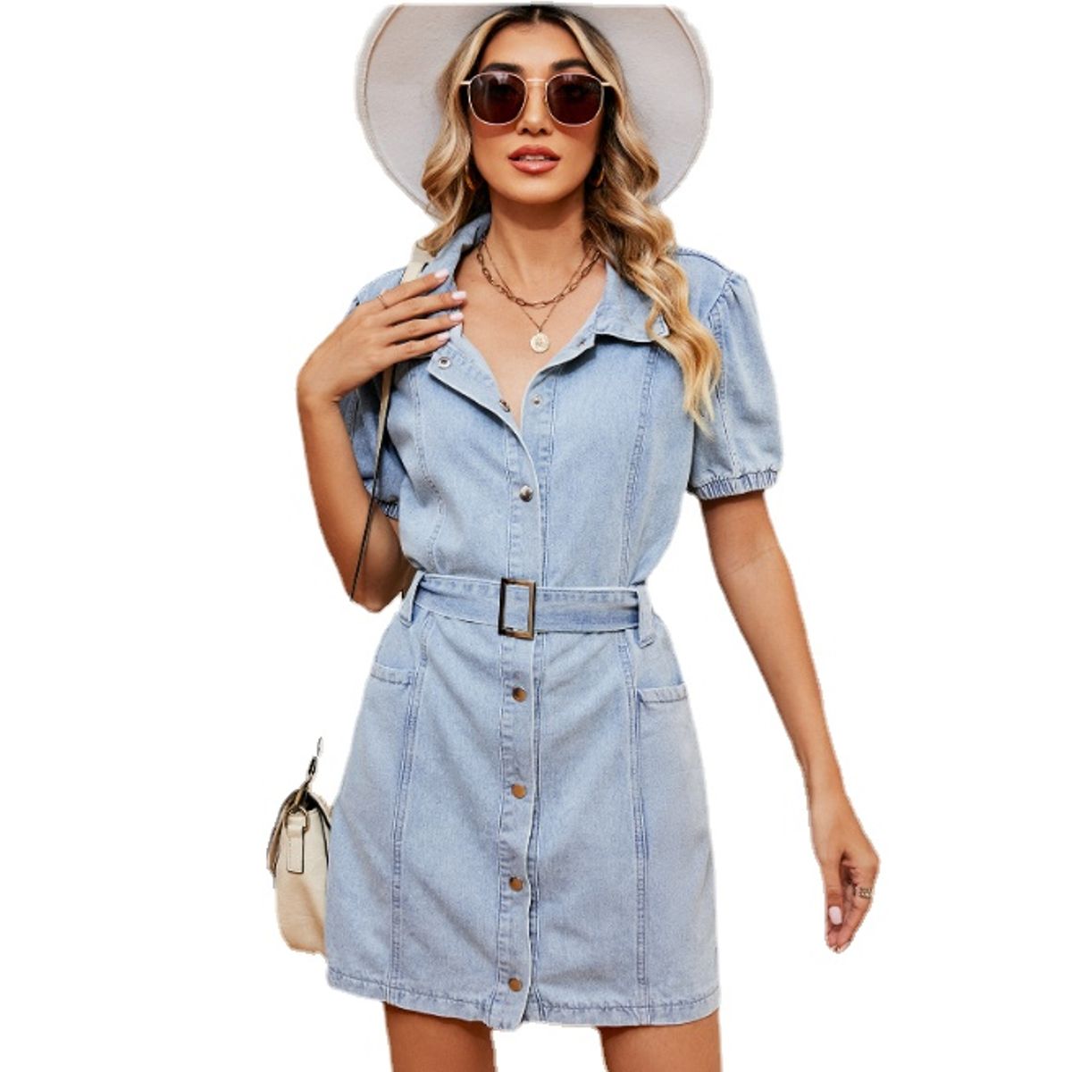 TIOZONEY - Vestido mezclilla manga corta Mujer