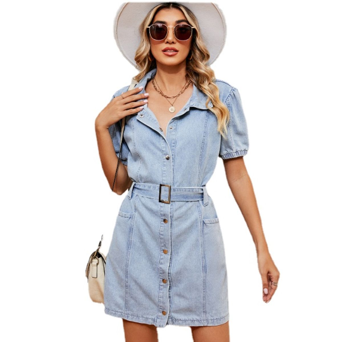 TIOZONEY - Vestido mezclilla manga corta Mujer