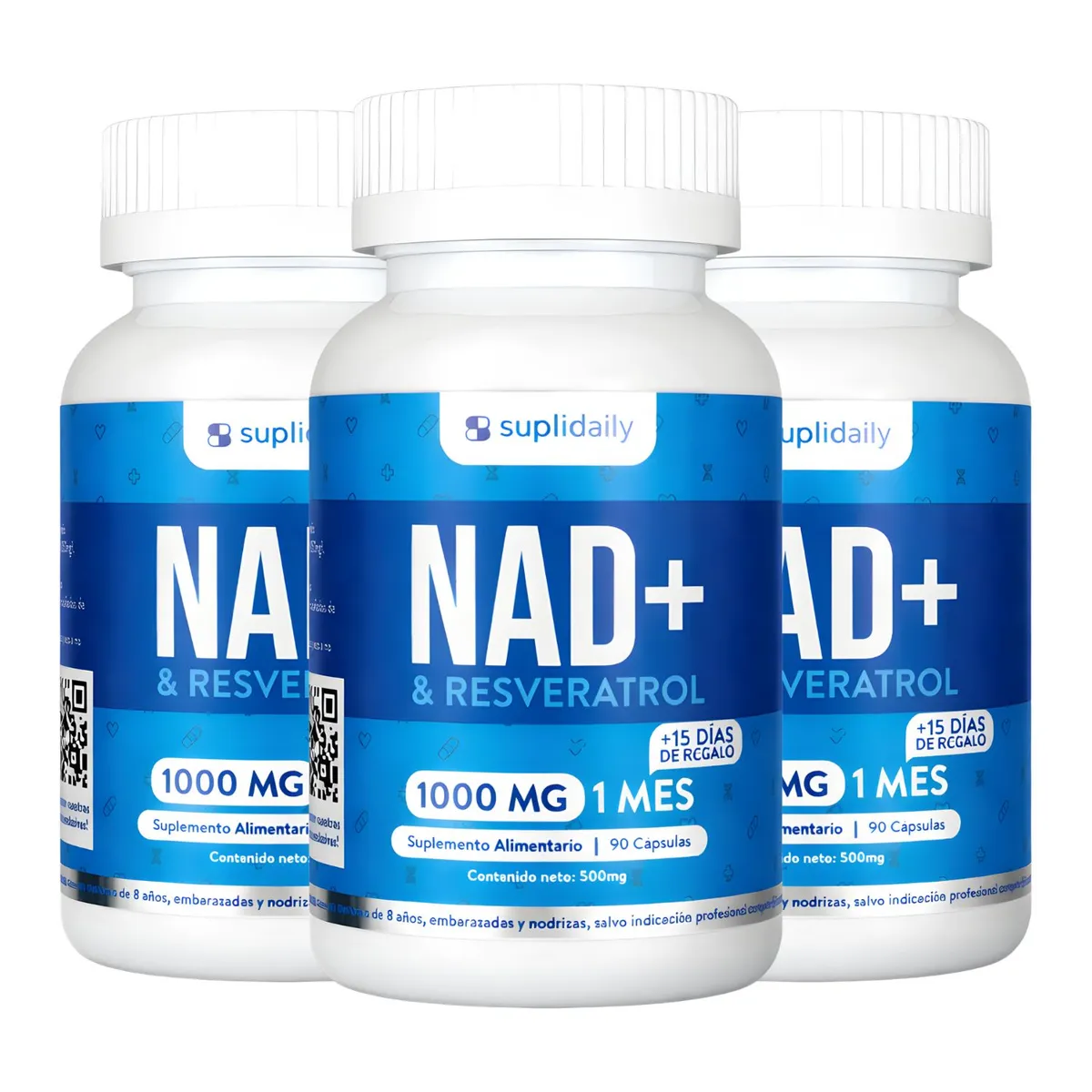 SUPLIDAILY - Pack x 3 NAD + Resveratrol Suplemento 1000 Mg 90 Capsulas Premium