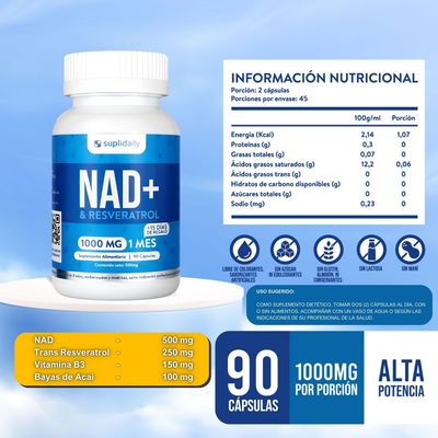 Imagen 2 del producto Pack x 3 NAD + Resveratrol Suplemento 1000 Mg 90 Capsulas Premium