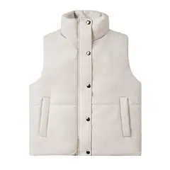 TIOZONEY - Chaleco de PU sin mangas de moda acolchadas de mujer - Crema_.