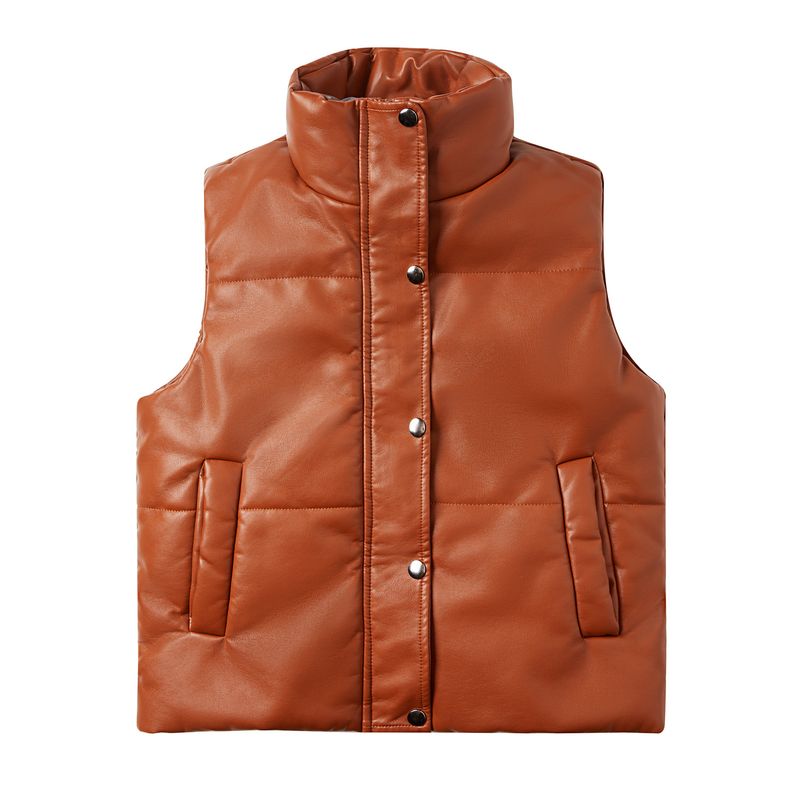 TIOZONEY - Chaleco de PU sin mangas de moda acolchadas de mujer - Café