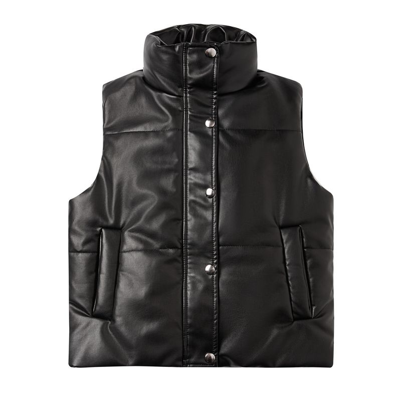 TIOZONEY - Chaleco de PU sin mangas de moda acolchadas de mujer - Negro