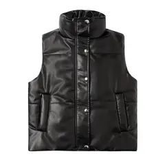 TIOZONEY - Chaleco de PU sin mangas de moda acolchadas de mujer - Negro