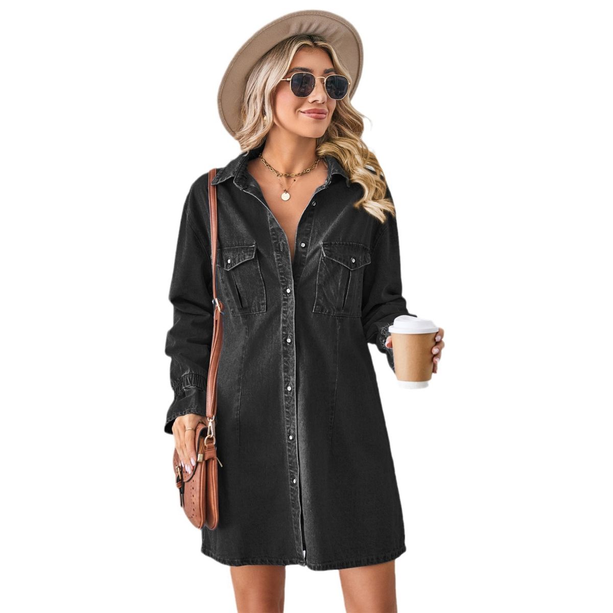 TIOZONEY - Vestido mezclilla con botones manga Larga Mujer