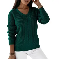 TIOZONEY - Chaleco de Punto Cuello en V Mujer- Verde petróleo
