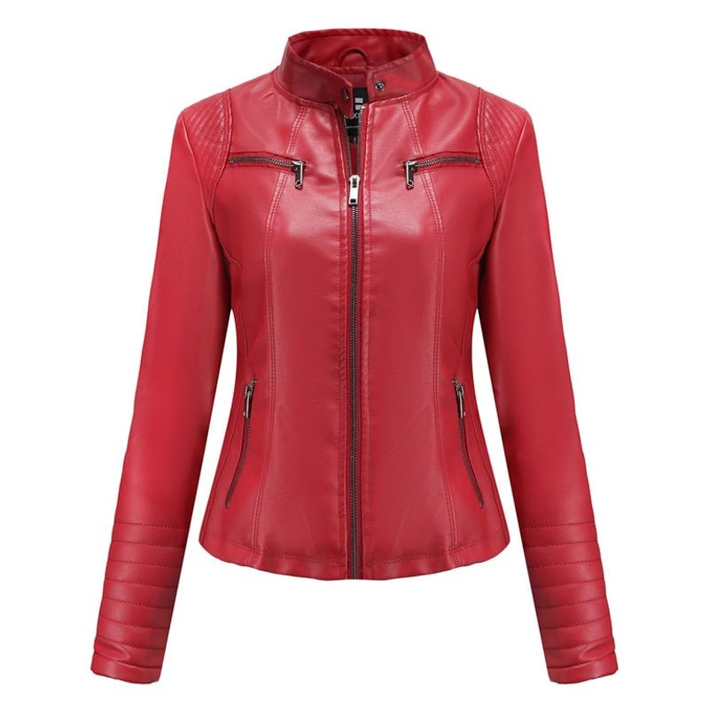 TIOZONEY - Chaqueta de PU casual PU cuello alto - Rojo