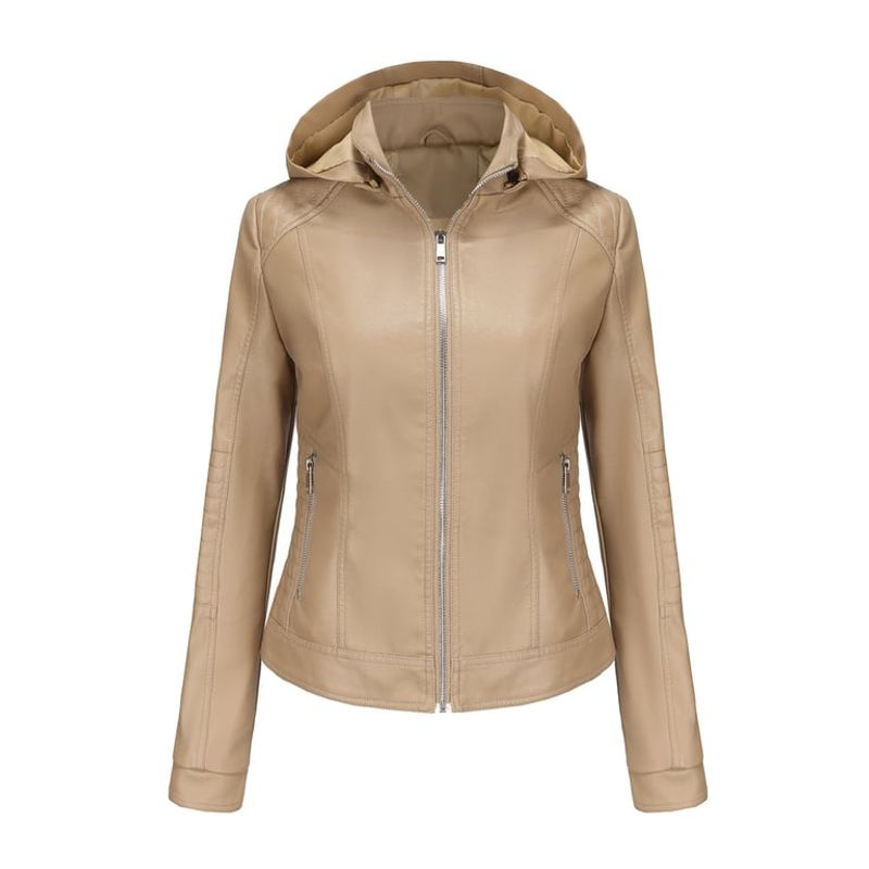 TIOZONEY - Chaqueta de PU con gorro desmontable para mujer - Beige