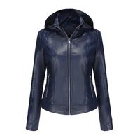 Chaqueta de PU con gorro desmontable para mujer - Azul