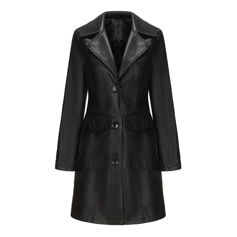 TIOZONEY - Abrigo largo de PU para mujer - Negro