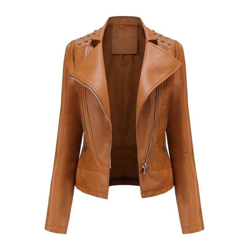 TIOZONEY - Chaqueta de PU y tachas para mujer - Café