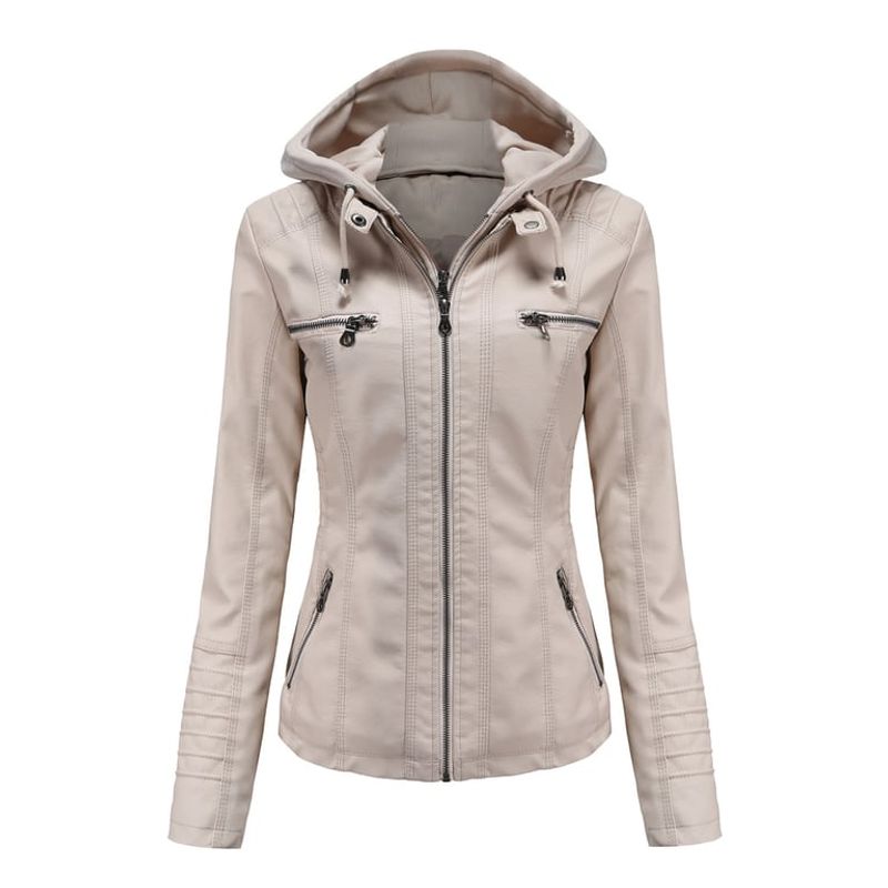 TIOZONEY - Chaqueta de PU con gorro para mujer - Crema