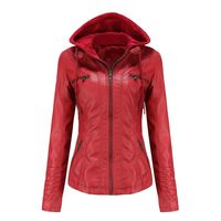 Chaqueta de PU con gorro para mujer - Rojo