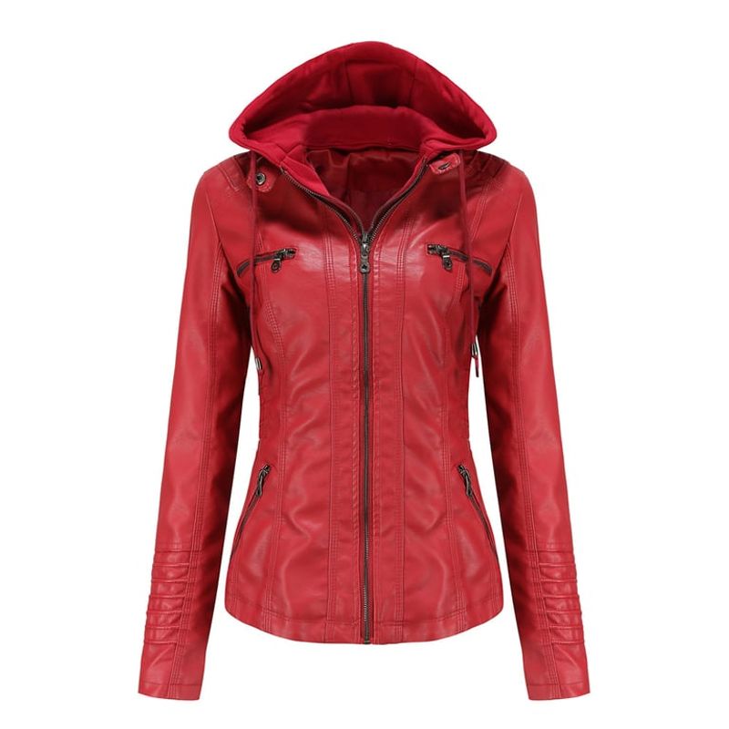 TIOZONEY - Chaqueta de PU con gorro para mujer - Rojo