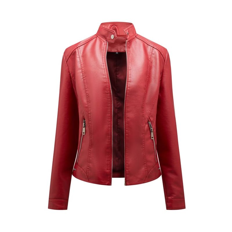 TIOZONEY - Chaqueta de PU con cuello alto para mujer - Rojo