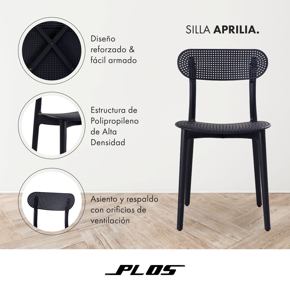 PLOS - Silla De Comedor Aprilia Set x4 Unidades Plos Terraza Cocina Comedor Negro