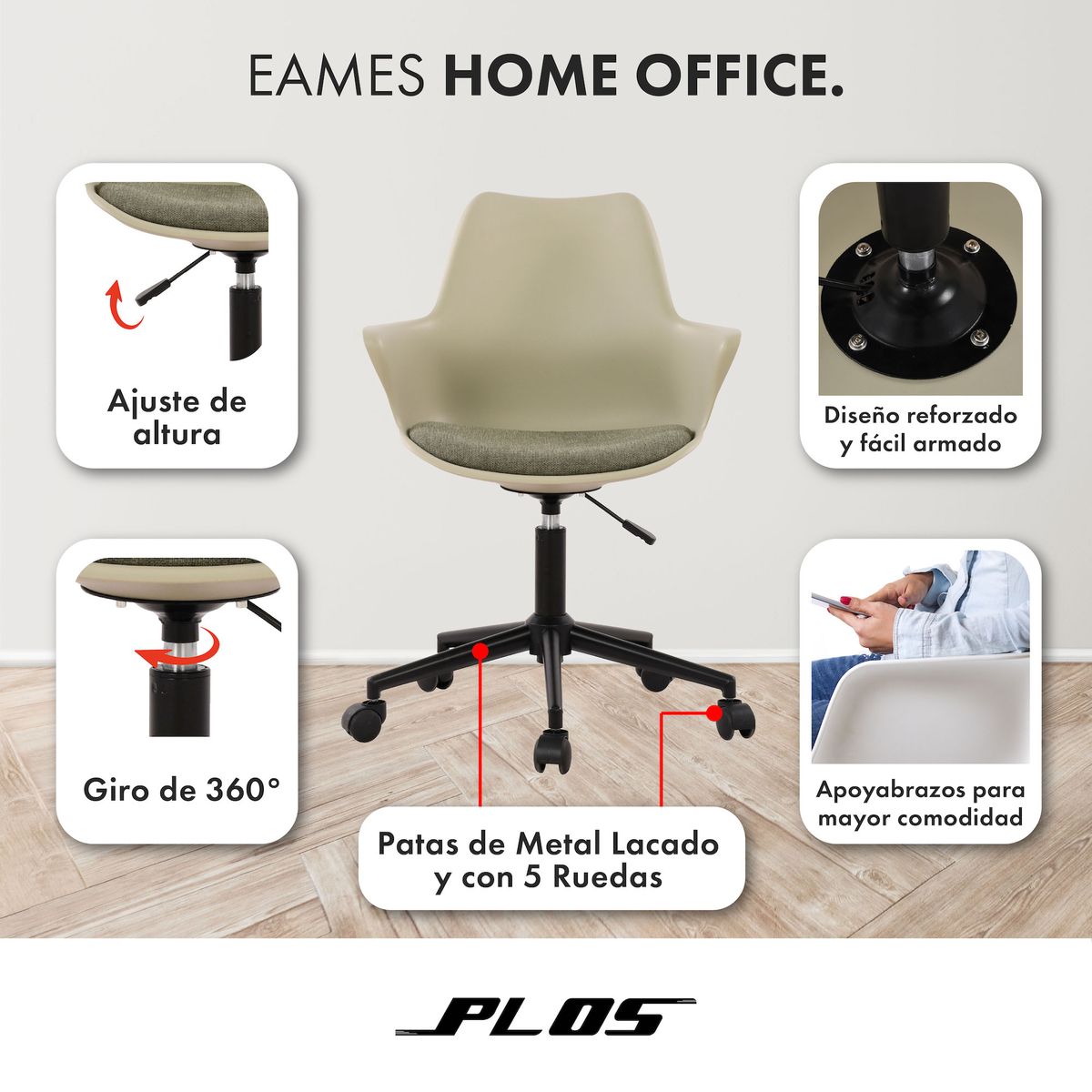 PLOS - Silla Escritorio Oficina Eames Home Office Verde x1 Unidad Plos