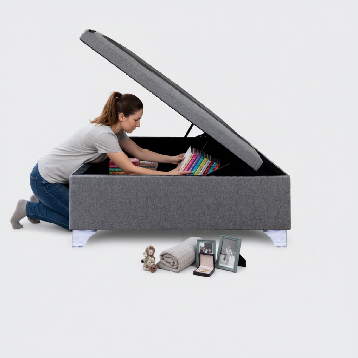 IVI HOME - Cama baúl 1 plaza Elite Athenas apertura horizontal con respaldo tubular gris