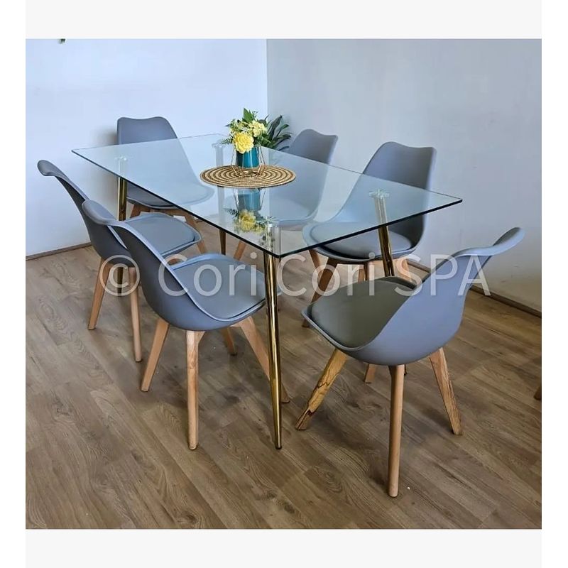 CORI CORI - Juego de Comedor Rubi Gold 130x80cm  + 6 Sillas Tulip Gris