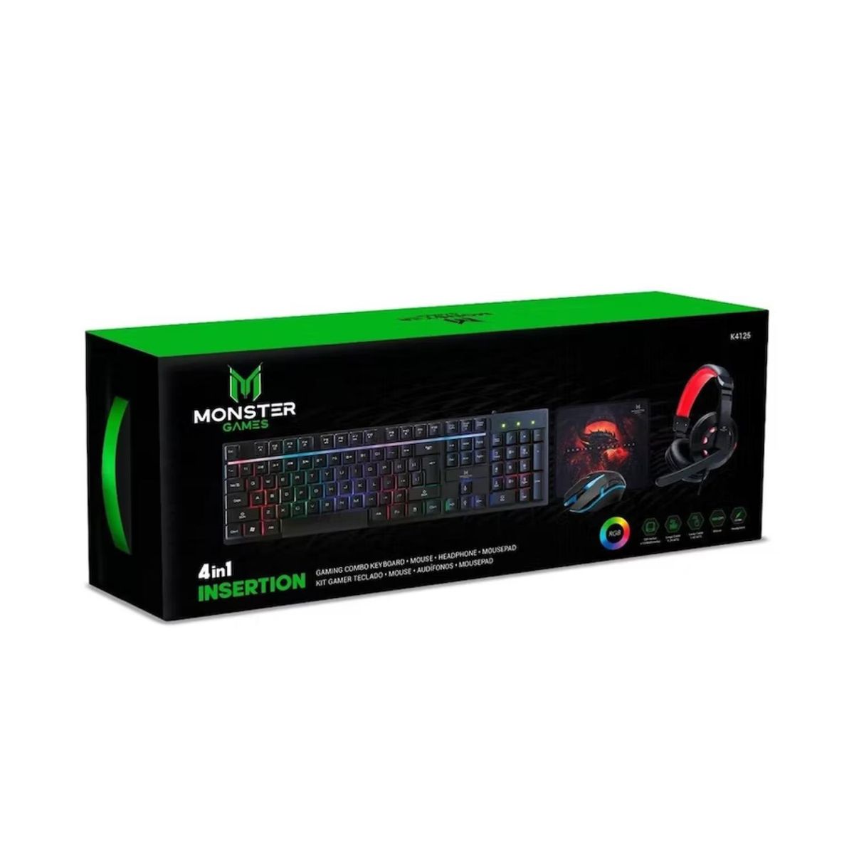 MONSTER GAMES - Kit Gamer 4En1 Telcado Mouse Audifono MousePad Monster Games