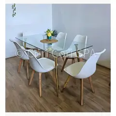 CORI CORI - Juego de Comedor Rubi Gold 130x80cm + 6 Sillas Tulip Blanco