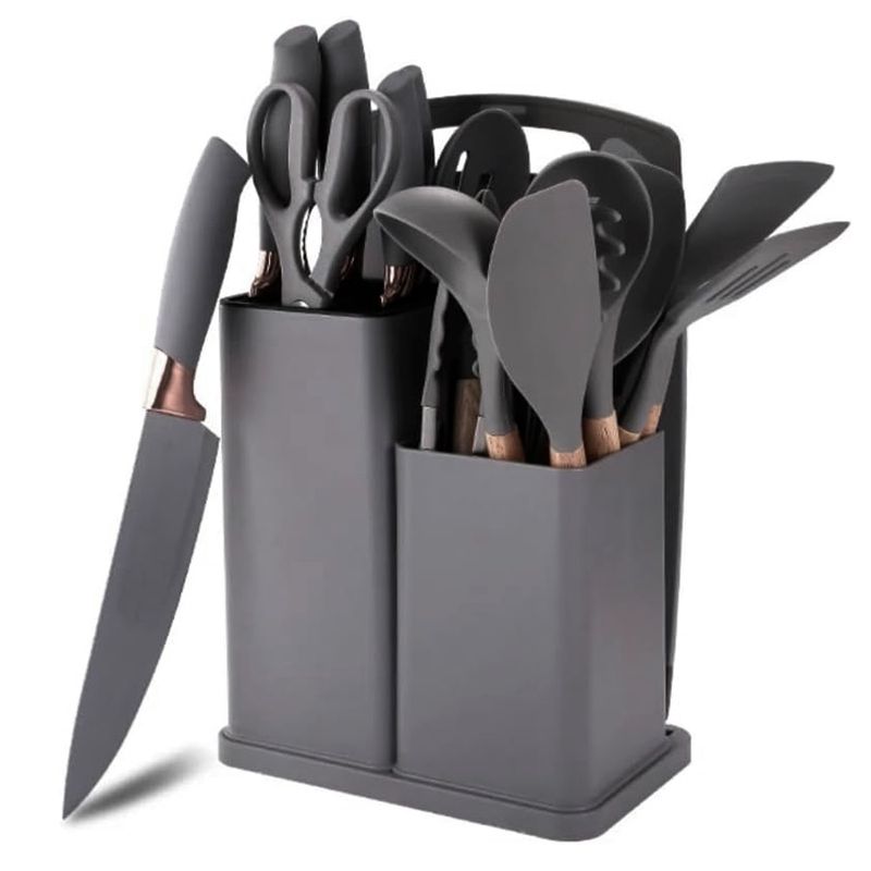 GENERICO - Set De 19 Utensilios De Cocina Mango De Madera Gris