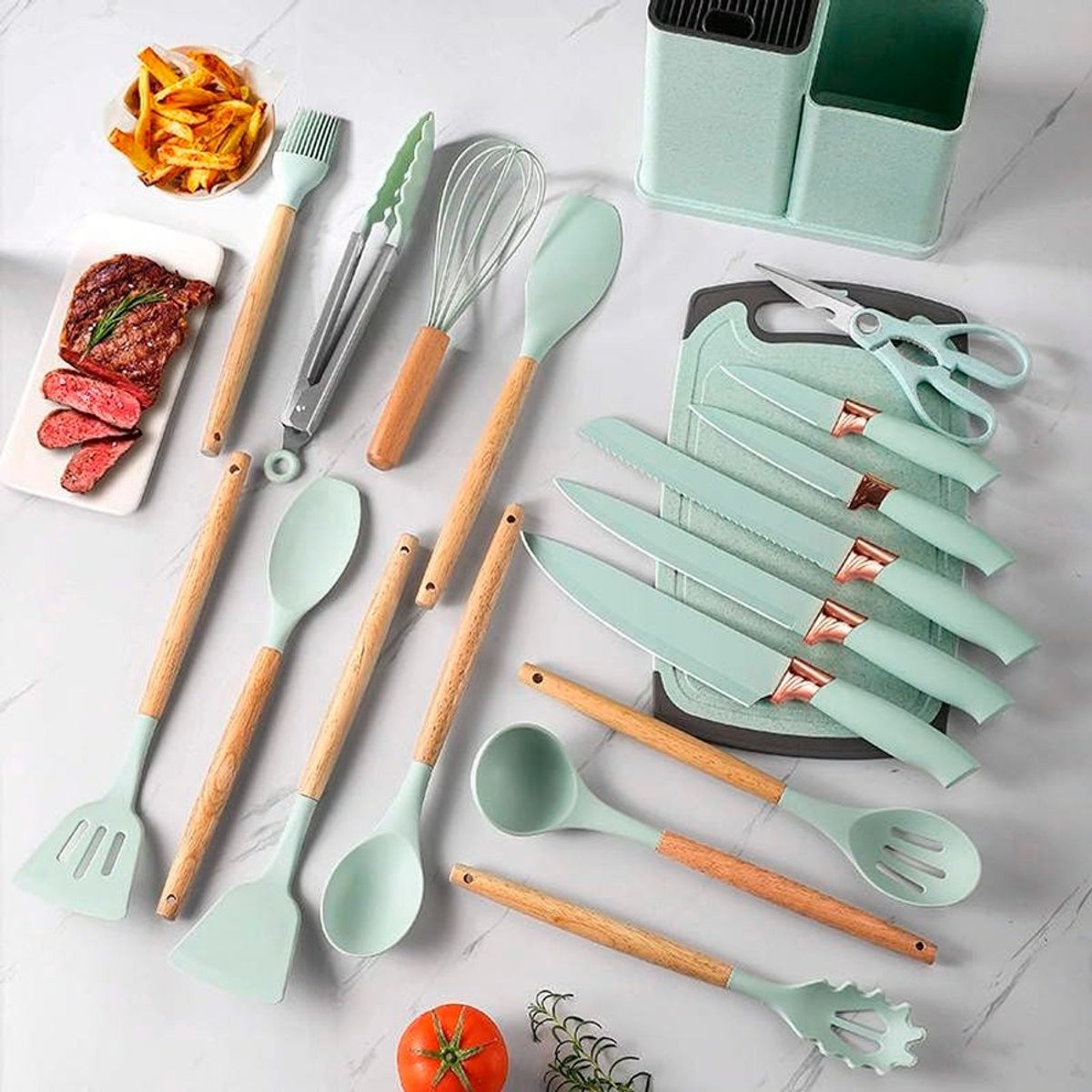 GENERICO - Set De 19 Utensilios De Cocina Mango De Madera Verde