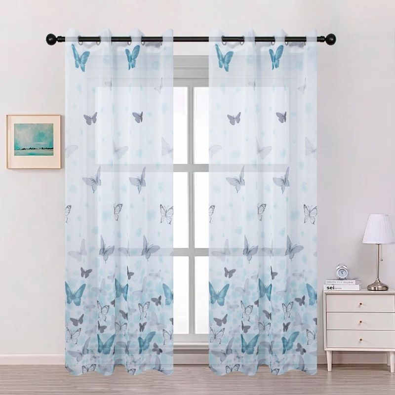 GENERICO - Cortina Velo Visillo Bordado 140 x 230 cm 2 Paños - Mariposas Turquesa