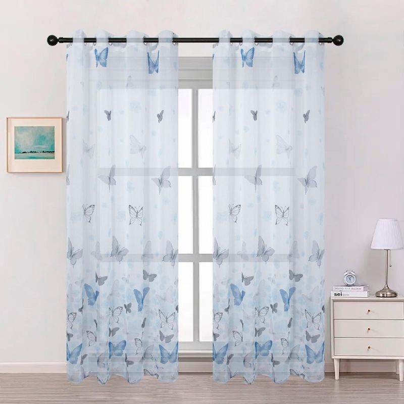 GENERICO - Cortina Velo Visillo Bordado 140 x 230 cm 2 Paños - Mariposas Azules.