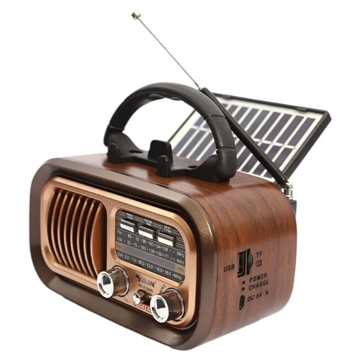 GENERICO - Radio Retro Portátil AMFMSW con Bluetooth Carga Panel Solar y Pila