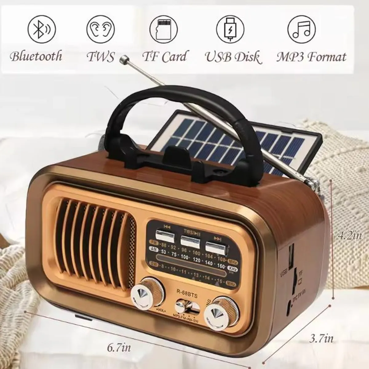 GENERICO - Radio Retro Portátil AMFMSW con Bluetooth Carga Panel Solar y Pila