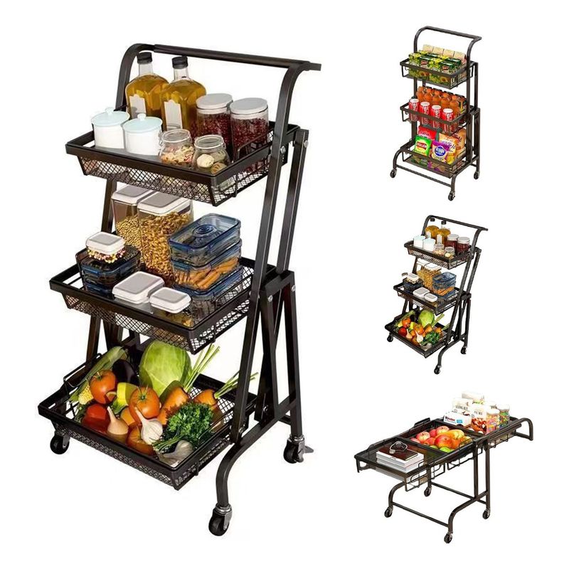 EVERSO - Carro Organizador Plegable Multiuso 3 Niveles Con Ruedas Negro