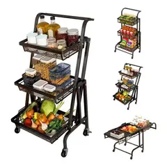 EVERSO - Carro Organizador Plegable Multiuso 3 Niveles Con Ruedas Negro