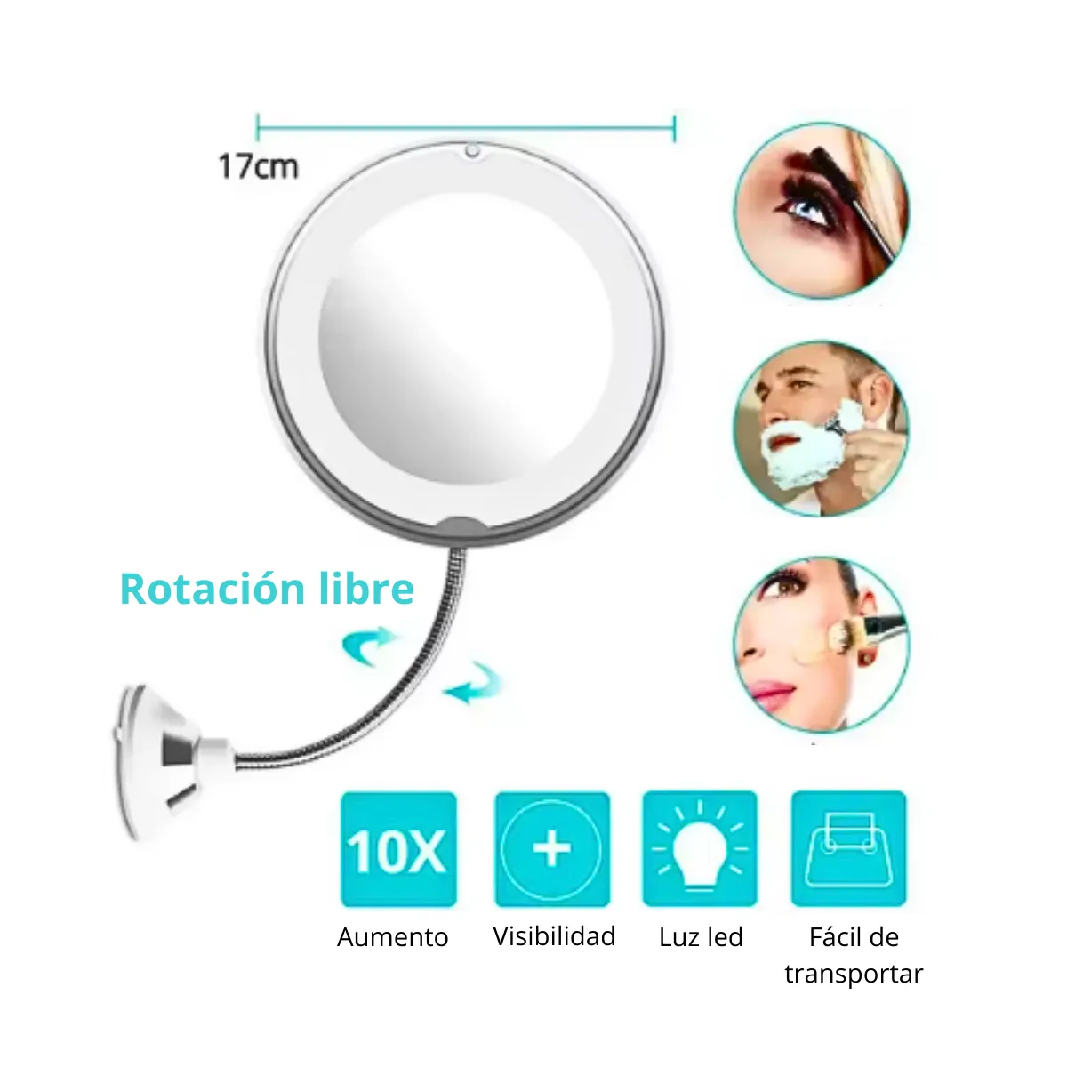 GENERICO - Espejo Maquillaje Con Aumento 10x Ajustable 360° Y Luz Led