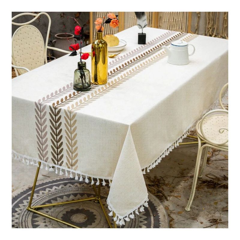 GENERICO - Mantel Rectagular de Lino Impermeable 140 x 220 cm - Crema Hojas M04