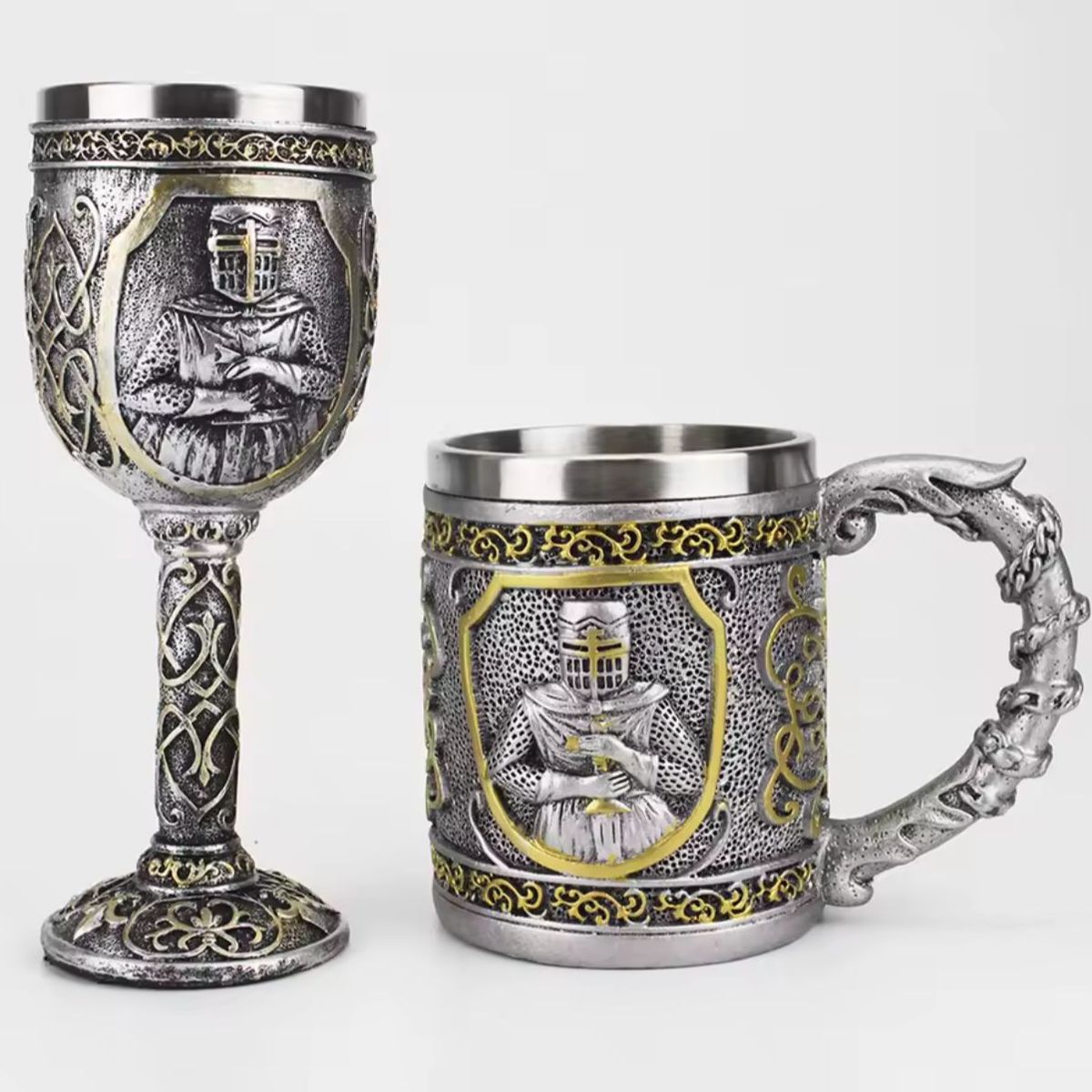 GENERICO - Tazón + Copa De Caballero Medieval De Acero Inoxidable Plateado.