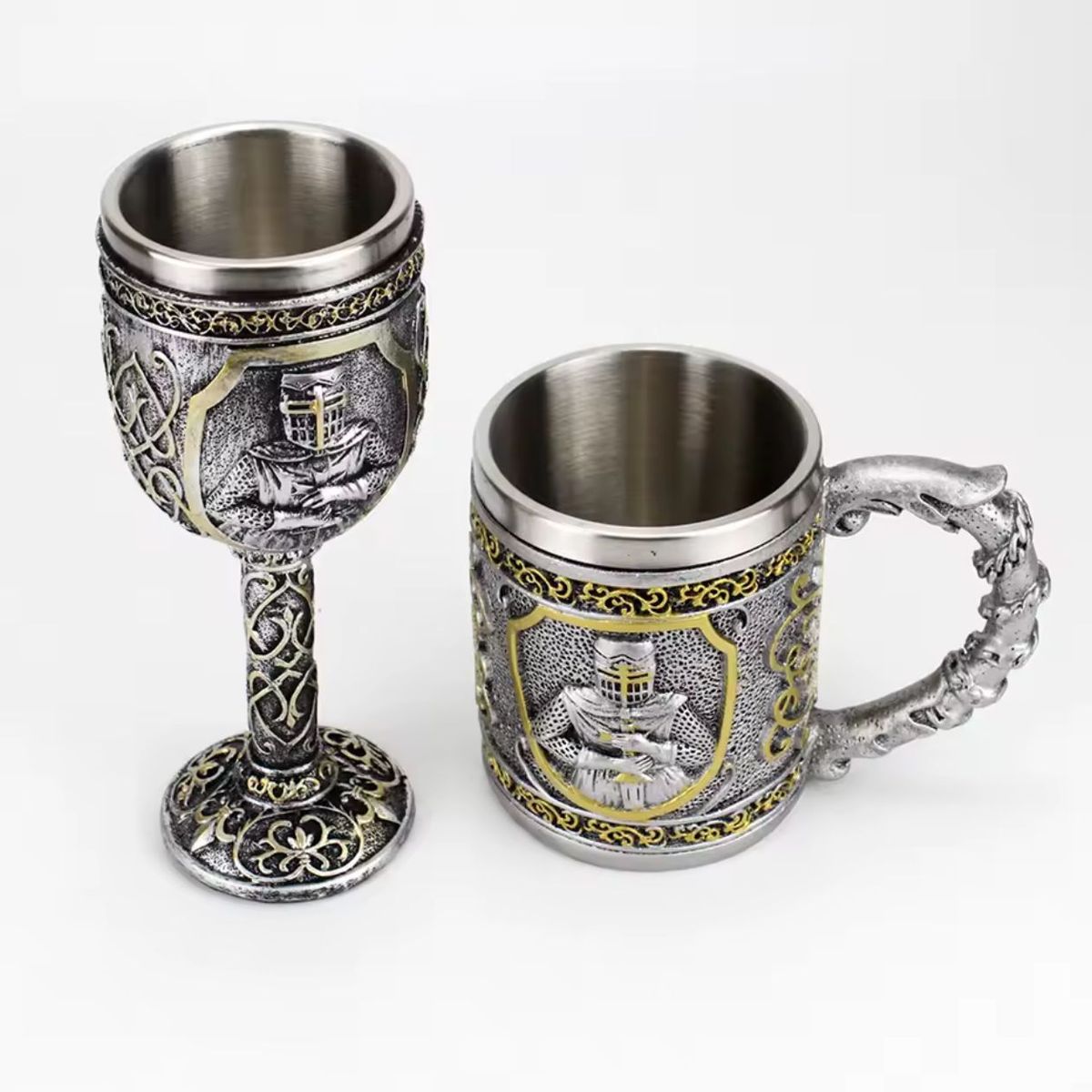 GENERICO - Tazón + Copa De Caballero Medieval De Acero Inoxidable Plateado.