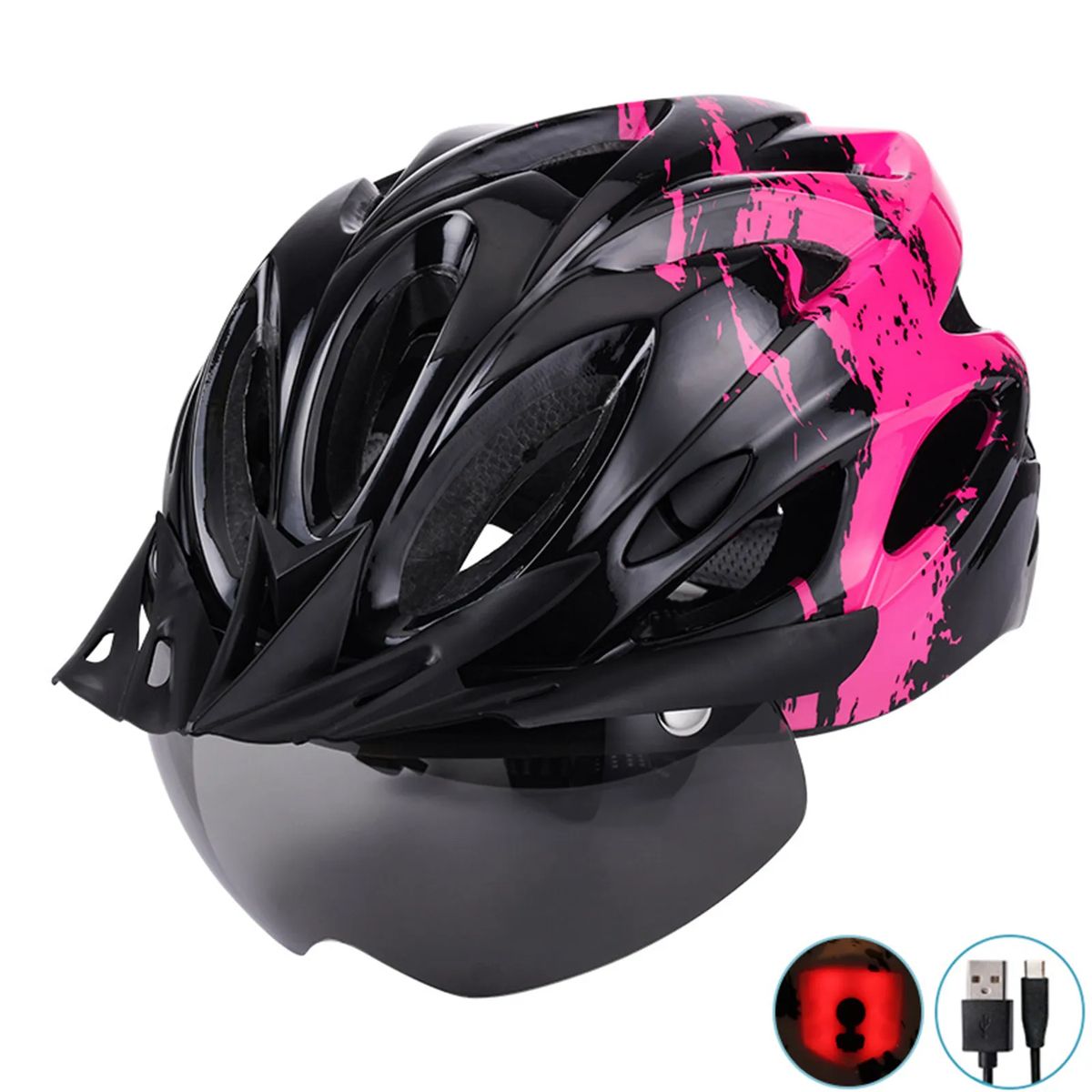 PUREPOWER - Casco De Bicicleta Con Luz Y Gafas Magnéticas-Negro Y Rosa.
